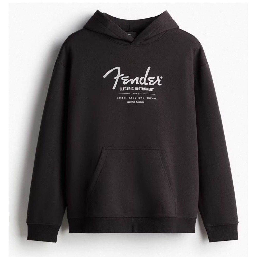 H&M Fender Graphic Hoodie Charcoal Pullover Heavyweight Grunge Streetwear Sz M